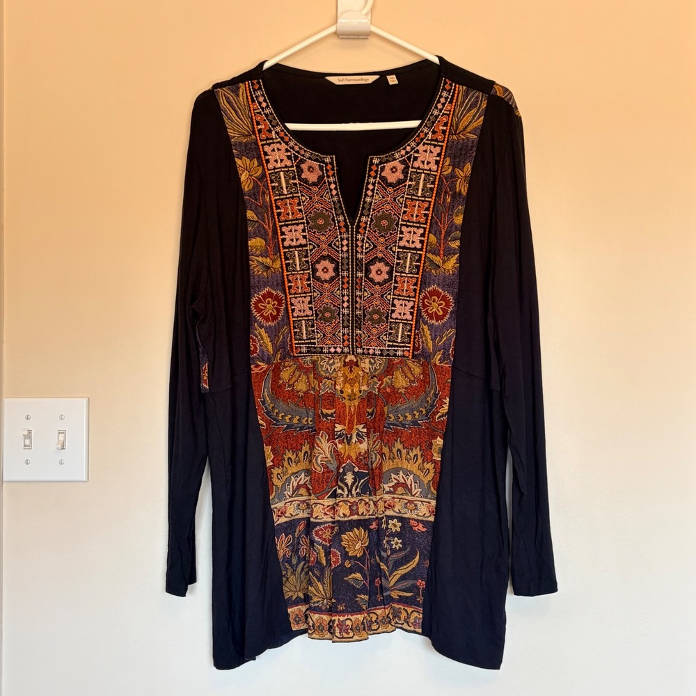 Soft Surroundings Black Embroidered Mixed Media Tunic Top Blouse Petite XL PXL